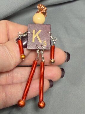 Vintage Scrabble Tile K Brooch Articulated OOAK Handmade Dangle Pin